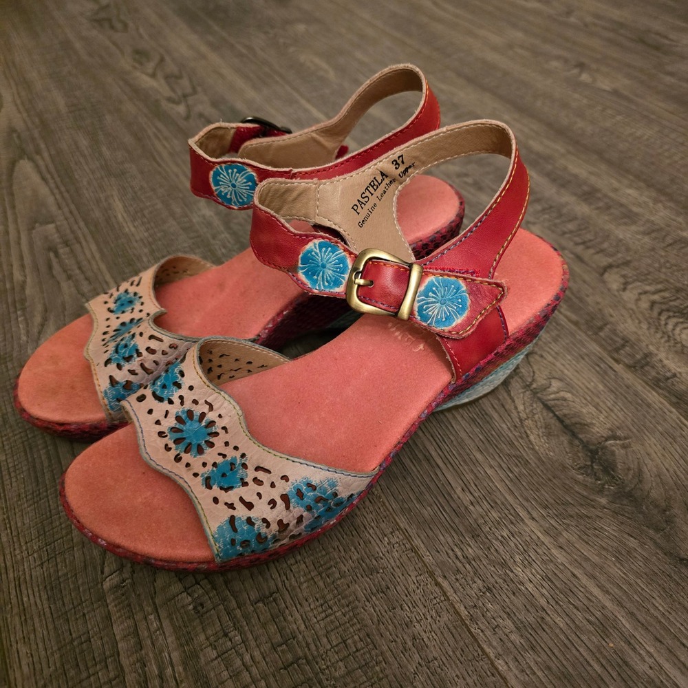 L'Artiste Spring Step Pastela  Multi Leather Wedge Floral Sandals Women 37 6.5